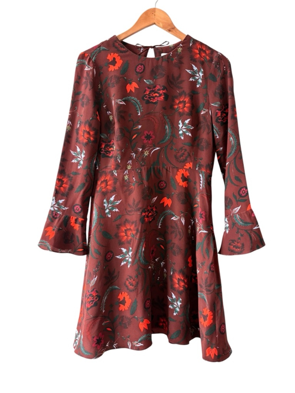 Sandro Sofia Floral Burgundy Bell-Sleeve Silk Dress